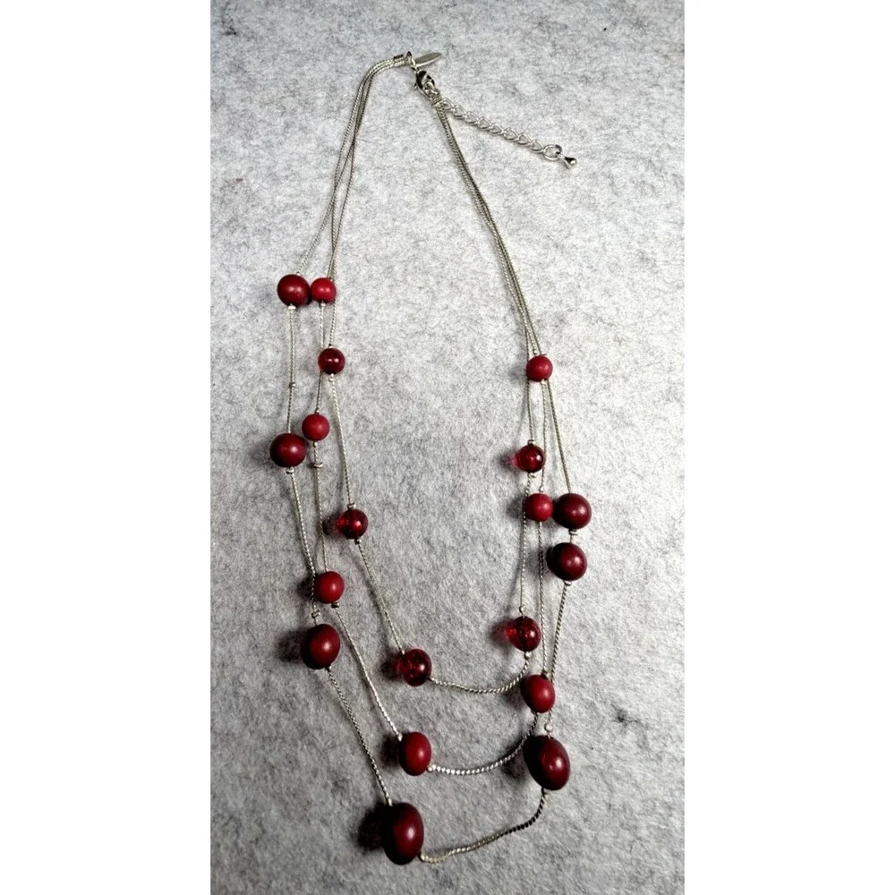 Vintage Y2K Red Beaded Triple Strand Necklace Silver Tone Statement Jewelry